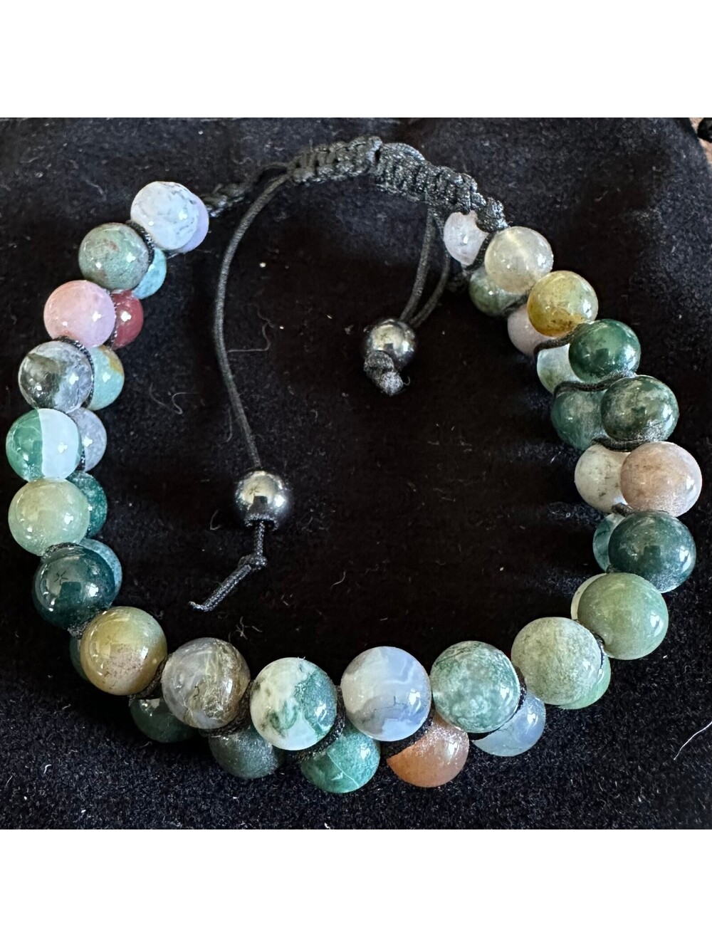 Natural Indian Agate Beaded Bracelet Double Row Adjustable Macrame Green Stone
